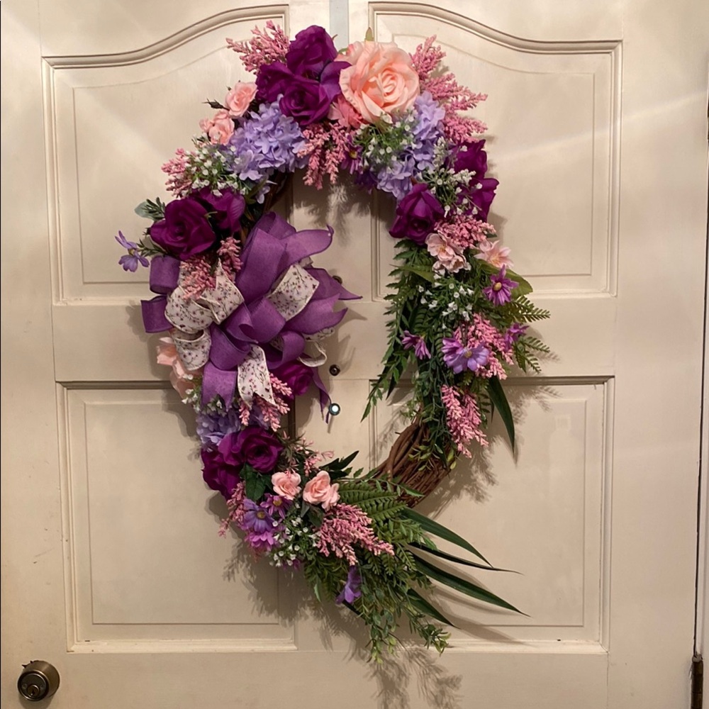 Handmade Purple and Pink Floral Wreath with Asymmetrical Design